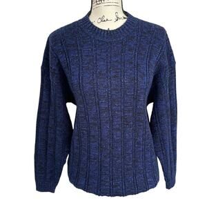 Vintage 1980s Crewneck Sweater Blue Metallic Wool Blend Pullover Oversized